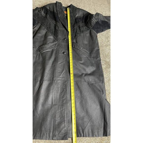 Vintage 80s Outbrook Leather Trench Coat Car Jacket Navajo Tribal Size 2XL - Picture 9 of 10